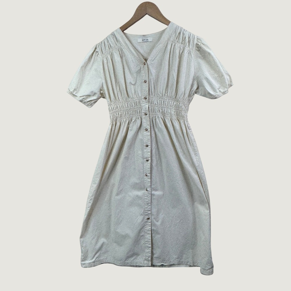 AOT‎ Smocked Waist Button Front Dress Cream Ivory Cottagecore Prairie Boho FLAWS